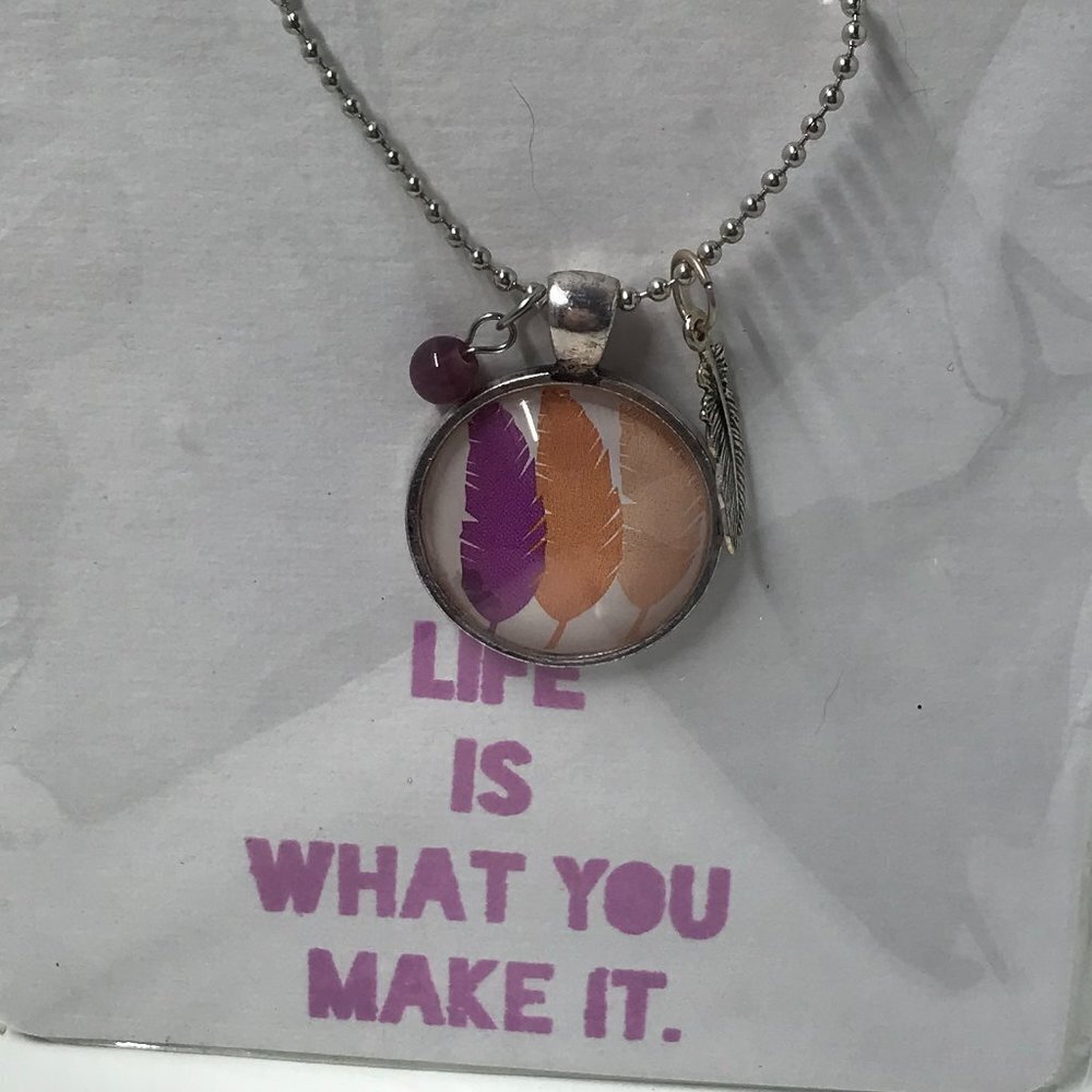 NEW Pendent Necklace with a  photo of feather and 2 charms; silver 18" chain